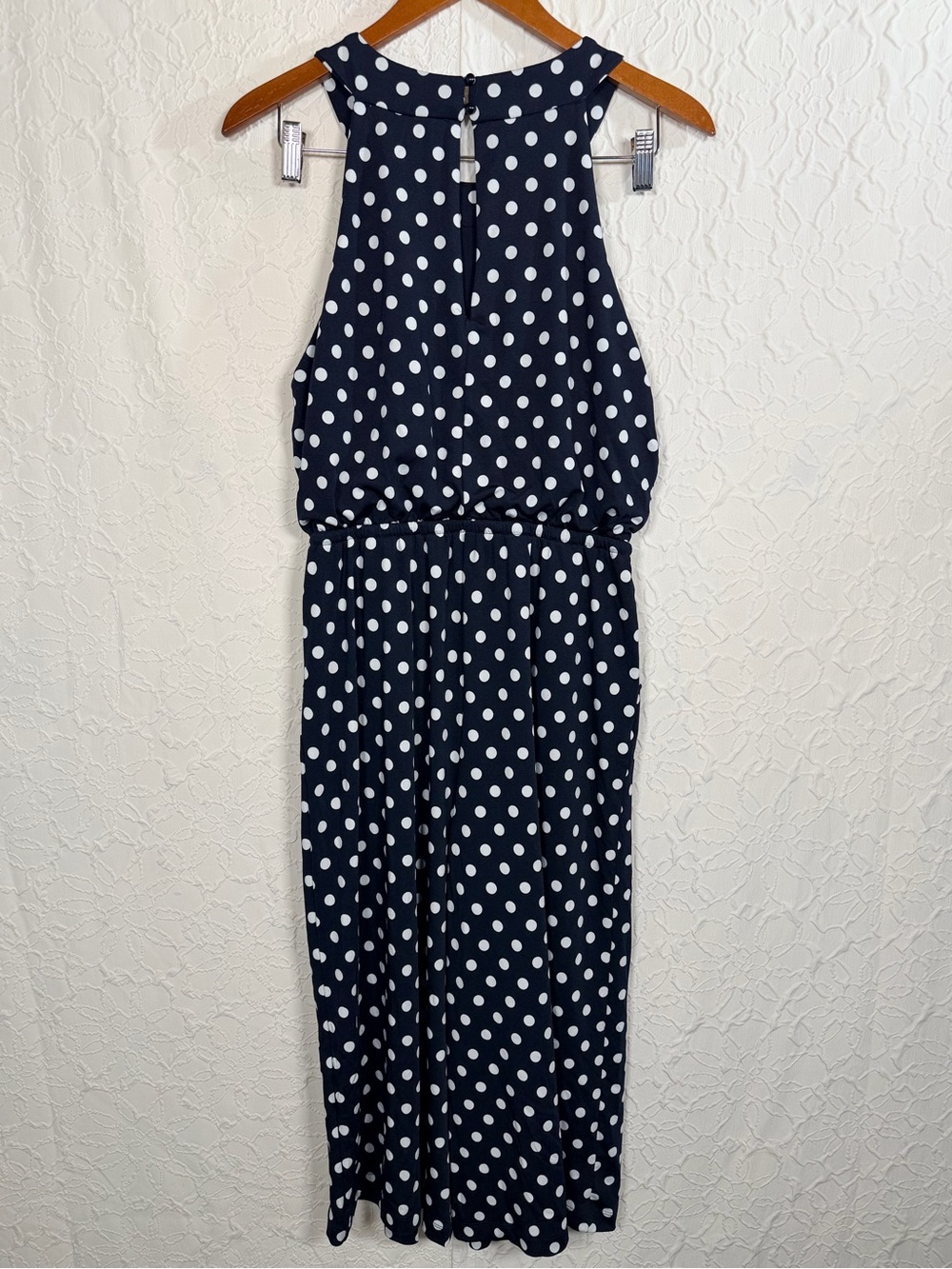 Emma & Michele Dark Navy Polka Dot Halter Wide Leg Cropped Romper Sz PM - Picture 10 of 14
